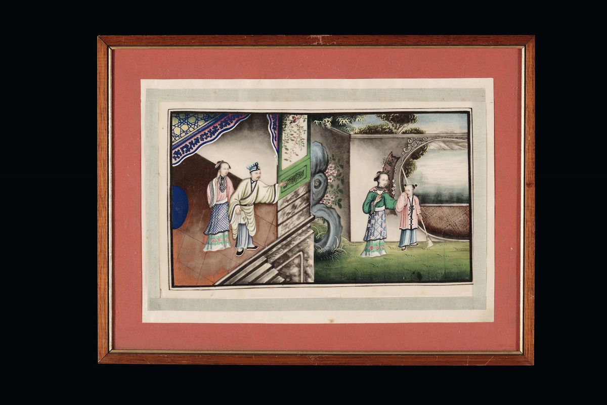 Serie di Nove Dipinti su Carta di Riso con Scene Imperiali, Cina, Canton, Epoca Tao-kuang, XIX Se...
