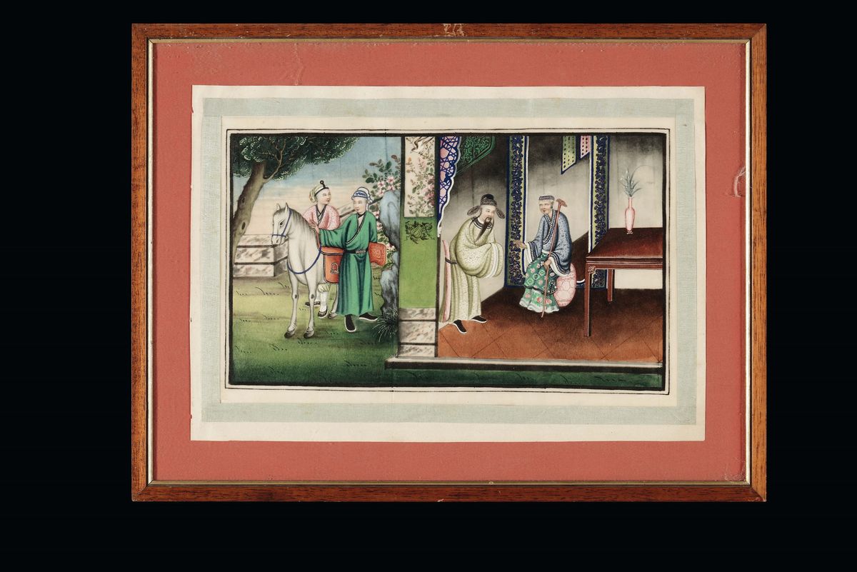 Serie di Nove Dipinti su Carta di Riso con Scene Imperiali, Cina, Canton, Epoca Tao-kuang, XIX Se...