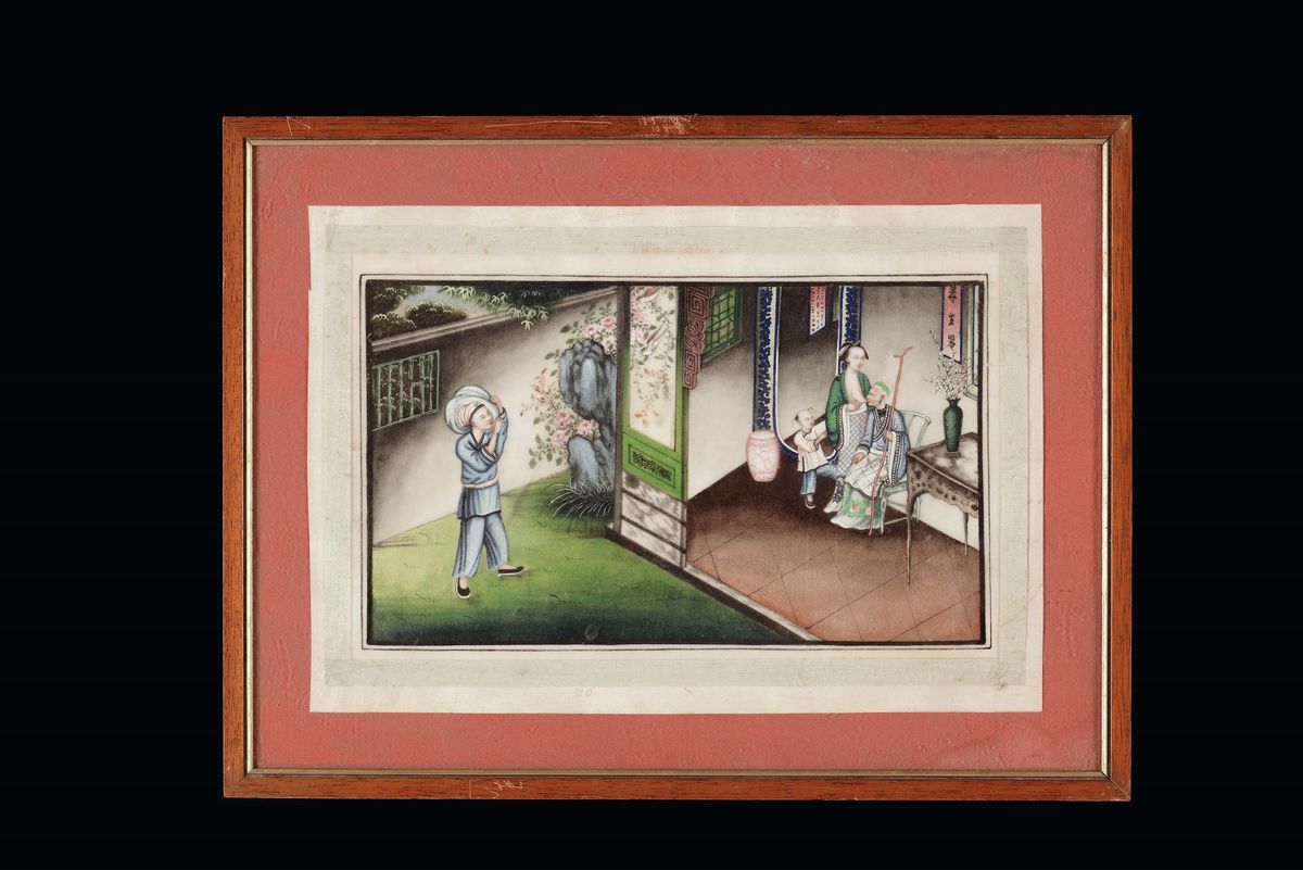 Serie di Nove Dipinti su Carta di Riso con Scene Imperiali, Cina, Canton, Epoca Tao-kuang, XIX Se...