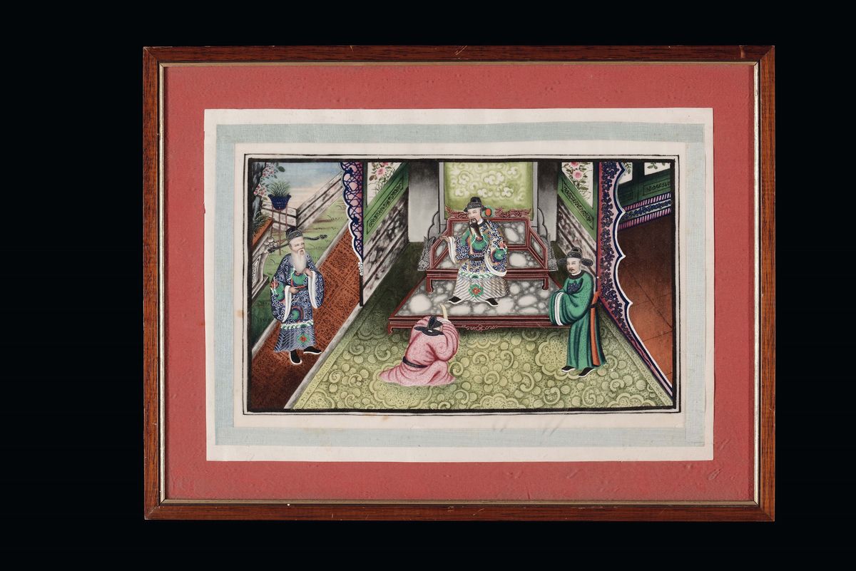 Serie di Nove Dipinti su Carta di Riso con Scene Imperiali, Cina, Canton, Epoca Tao-kuang, XIX Se...