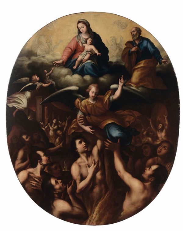 Scuola Romana del XVII secolo Madonna con bambino e San Giuseppe che assistono al Giudizio Universale