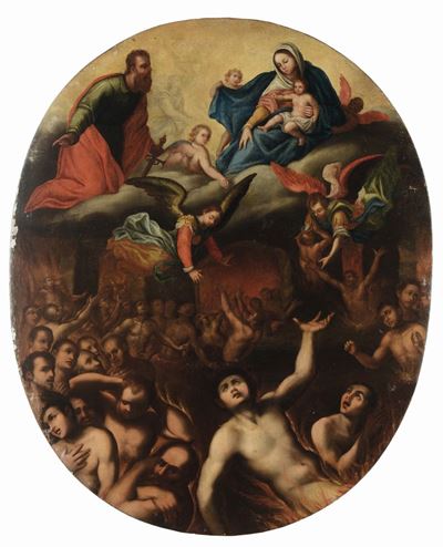 Scuola Romana del XVII Secolomadonna con Bambino e San Paolo che Assistono al Giudizio Universale