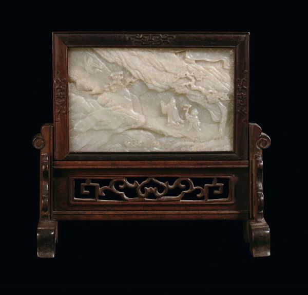 A grey jade plaque on wooden base, China, Qing Dynasty Jiaqing Period (1760-1820)