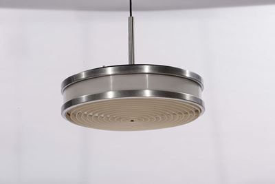 Lampada da Sospensione in Metallo Cromato e Vetro.
