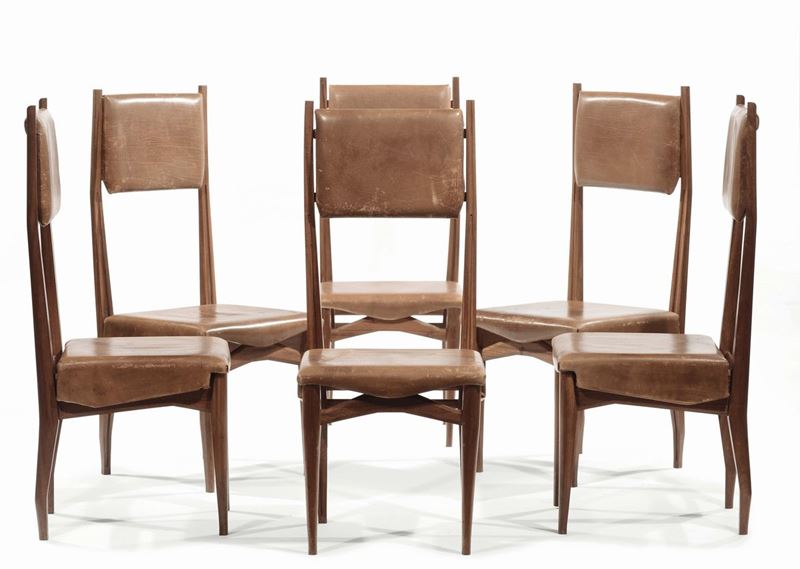 Sei sedie in mogano con rivesimenti in pelle. Prod. Italia, 1950 ca.  - Auction Design - Cambi Casa d'Aste