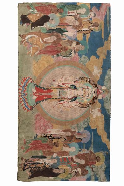 Grande Tanka Raffigurante Divinità e Monaci, Tibet, XVIII Secolo