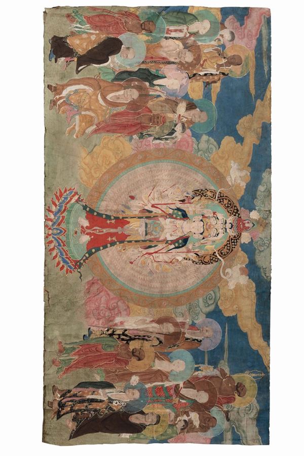 Grande tanka raffigurante divinità e monaci, Tibet, XVIII secolo