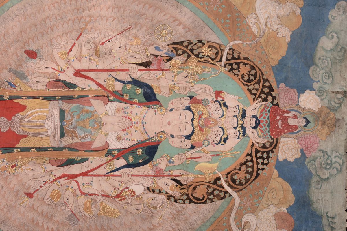 Grande Tanka Raffigurante Divinità e Monaci, Tibet, XVIII Secolo