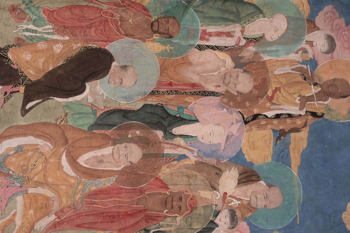 Grande Tanka Raffigurante Divinità e Monaci, Tibet, XVIII Secolo