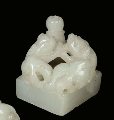 Sigillo in Giada Bianca Raffigurante Coppia di Cani di Pho, Dinastia Qing, XVIII Secolo
