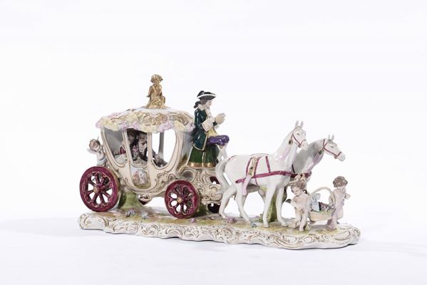Gruppo in porcellana raffigurante carrozza con cavalli e personaggi, Meissen XX secolo