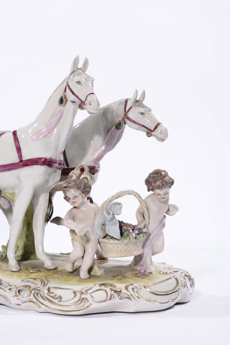 Gruppo in Porcellana Raffigurante Carrozza con Cavalli e Personaggi, Meissen XX Secolo