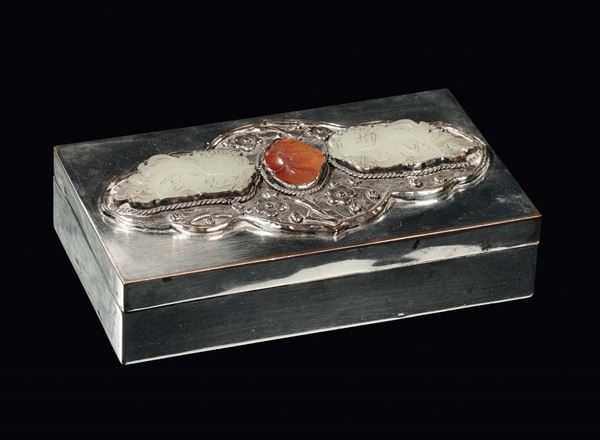 A silver box with jade and carnelian applications, China, Qing Dynasty, 19th century