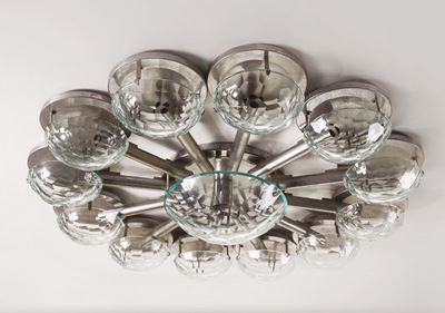 Stilnovo. Lampada da Sospensione in Metallo Cromato con Diffusori in Vetro Molato. Prod. Stilnovo...