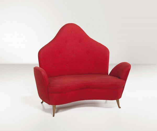 I.S.A. (attribuzione). Piccolo divano da anticamera con piedi in metallo, struttura in legno e rivestimento in tessuto. Prod. I.S.A., Italia, 1950 ca.