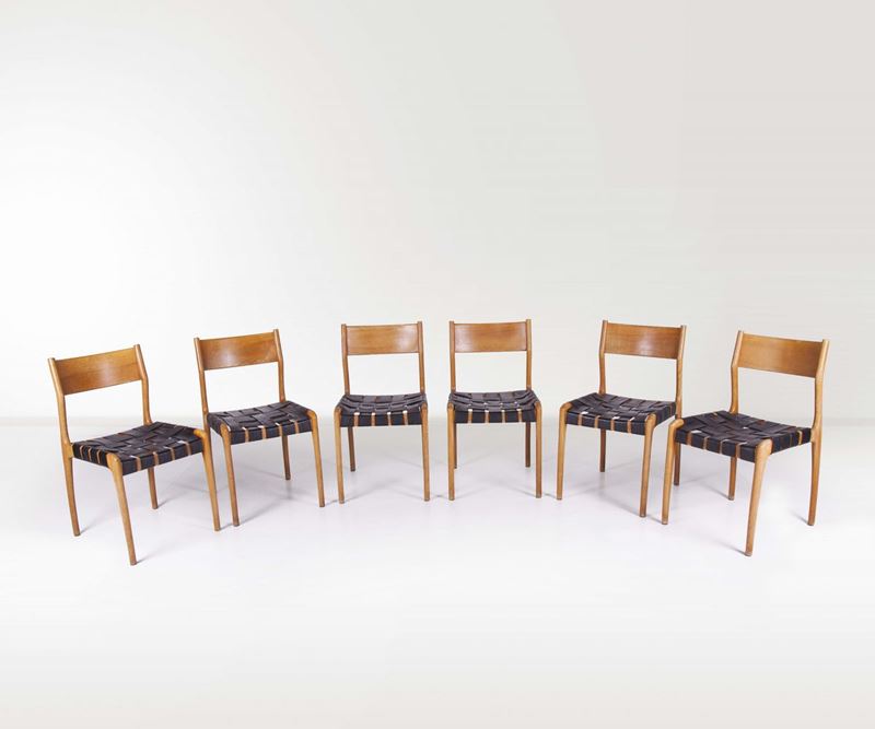 Studio Tipi. Sei sedie 993 in legno e skai. Prod. Montina, Italia, 1950 ca.  - Auction Design - Cambi Casa d'Aste