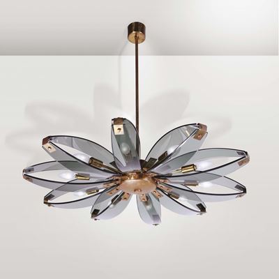 Lampada da Sospensione in Ottone Lucido e Vetro Curvato e Molato.