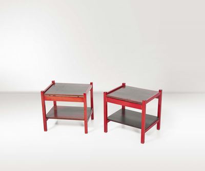 Ettore Sottsass. Coppia di Tavolini in Legno Laccato e Piano in Legno. Prod. Poltronova, Italia, ...