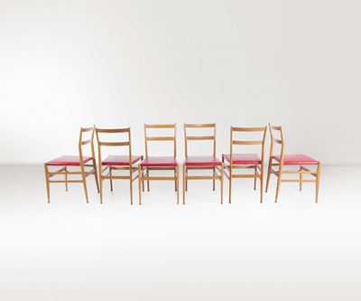 Gio Ponti. Sei Sedie Leggera in Legno di Faggio e Skai. Prod. Cassina, Italia, 1951