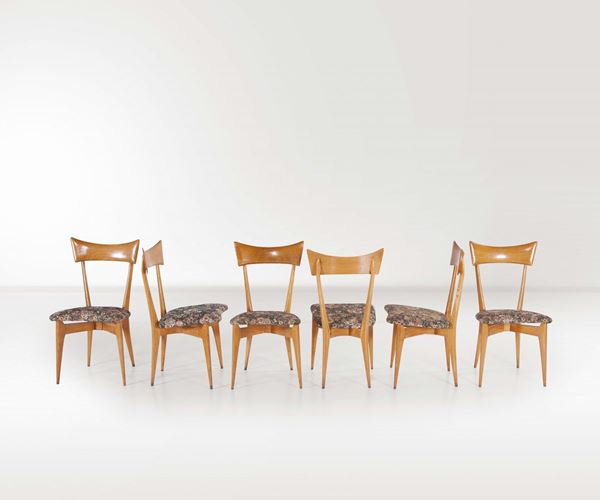 Ico Parisi. Seri sedie in legno d’ acero rivestite in stoffa. Prod. Colombo, Italia, 1950 ca.