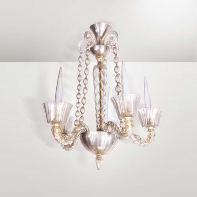 Barovier e Toso. Lampada da Sospensione in Vetro di Murano a Foglia D’oro. Prod. Barovier e Toso,...
