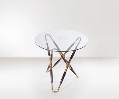 Tavolino in Legno e Ottone con Piano in Vetro Serigrafato. Prod. Italia, 1950 Ca.
