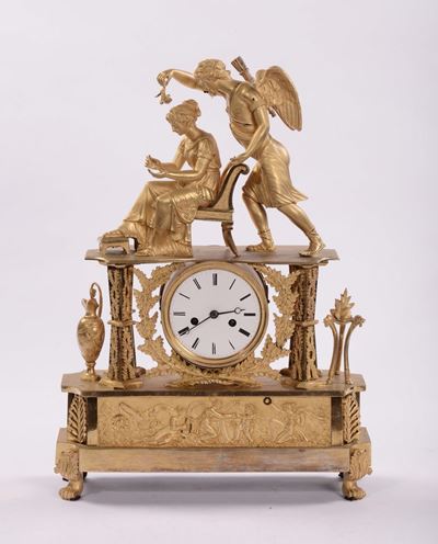 Pendola da Tavolo in Bronzo Dorato con Figure, Francia XIX Secolo