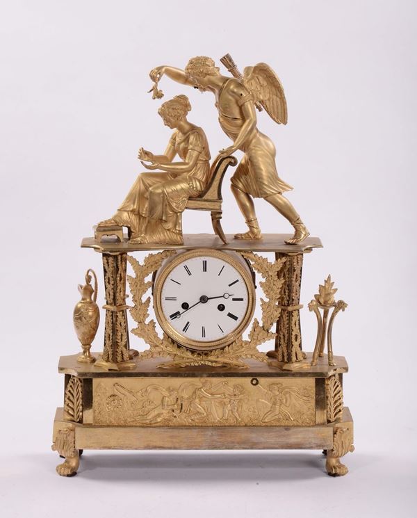 Pendola da tavolo in bronzo dorato con figure, Francia XIX secolo