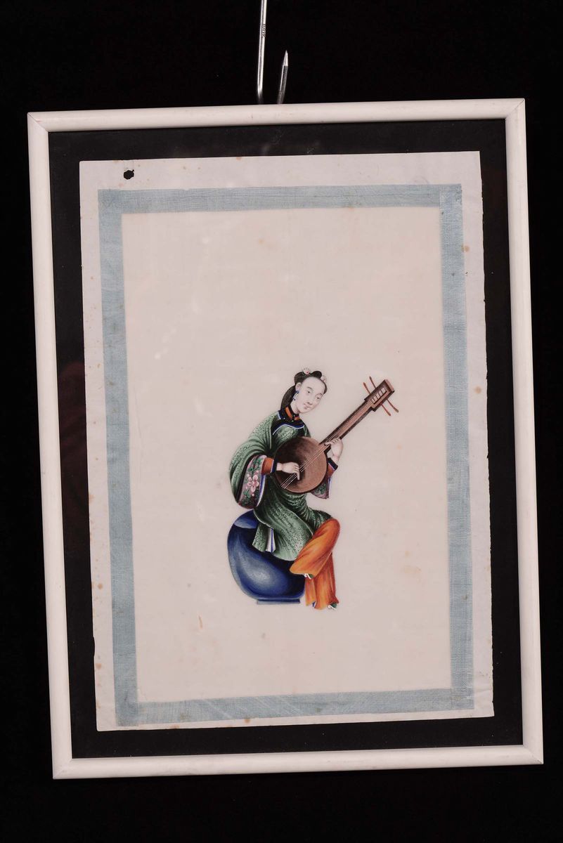 Dodici Acquarelli (?) su Carta di Riso Raffiguranti Suonatori con Diversi Strumenti, Cina XIX Sec...