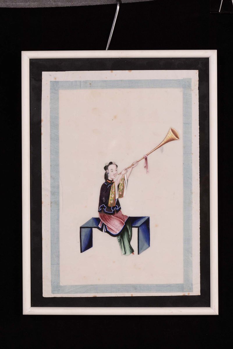 Dodici Acquarelli (?) su Carta di Riso Raffiguranti Suonatori con Diversi Strumenti, Cina XIX Sec...