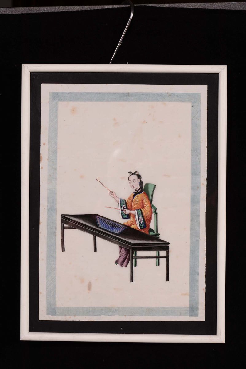 Dodici Acquarelli (?) su Carta di Riso Raffiguranti Suonatori con Diversi Strumenti, Cina XIX Sec...