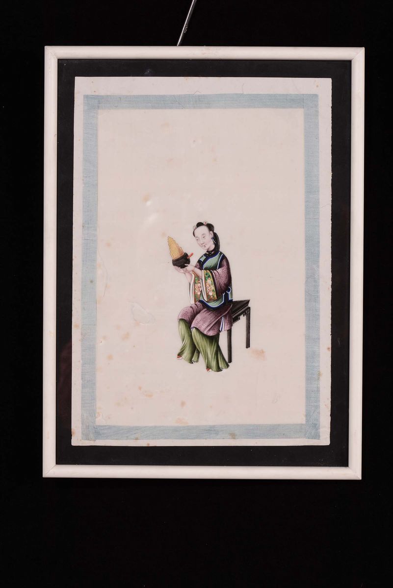 Dodici Acquarelli (?) su Carta di Riso Raffiguranti Suonatori con Diversi Strumenti, Cina XIX Sec...