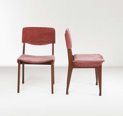 Mim. Sei Sedie Marchiate Mim in Legno Rivestite in Veluto. Prod. Mim, Italia, 1960 Ca.