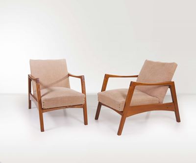 Herman Miller (attribuzione). Coppia di Poltrone in Legno con Rivestimenti in Tessuto. Prod. Usa,...