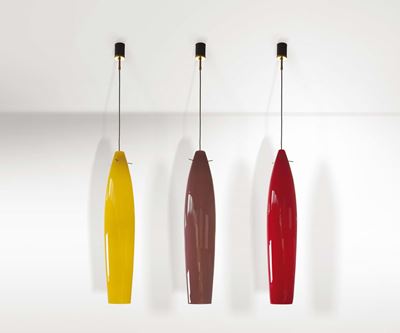 Alessandro Pianon. Tre Lampade da Sospensione in Vetro di Murano Colorato. Prod. Vistosi, Italia,...