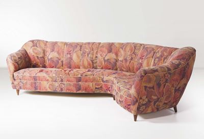 Divano Curvo in Legno con Rivestimenti in Tessuto. Prod. Italia, 1950 Ca.