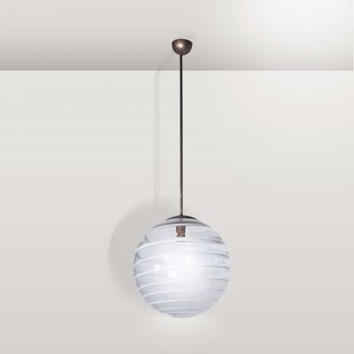 Carlo Scarpa. Lampada da Sospensione in Vetro Lattimo a Fascie in Vetro di Murano. Prod. Italia, ...