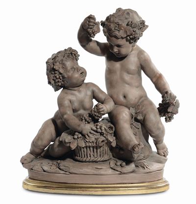 Gruppo in Terracotta Raffigurante Putti che Giocano, Plasticatore Francese del XIX Secolo
