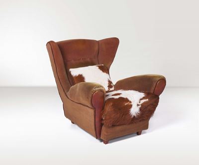 Bergere in Legno con Rivestimento in Cavallino e Velluto. Prod. Italia, 1950 Ca.