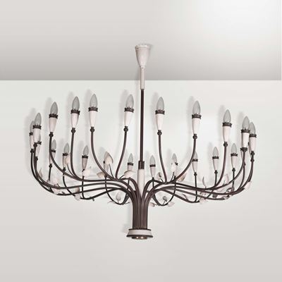 Arredoluce. Raro Lampadario in Ottone Lucido e Smaltato. Prod. Arredoluce, Italia, 1950 Ca.