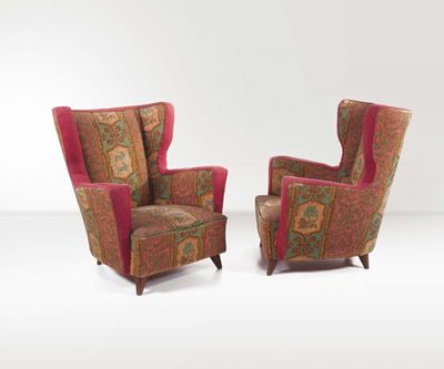 Coppia di Poltrone con Struttura in Legno e Rivestimenti in Tessuto. Prod. Italia, 1950 Ca.