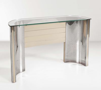 Consolle in Metallo Cromato e Ottone con Piano in Vetro Specchiato. Prod. Italia, 1970 Ca.