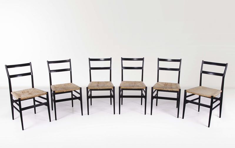 Gio Ponti. Sei sedie Leggera in legno laccato e paglia di Vienna intrecciata. Prod. Cassina, Italia, 1951  - Auction Design - Cambi Casa d'Aste