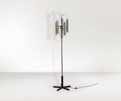 Angelo Lelii. Lampada da Sospensione in Ottone Lucido con Diffusori in Vetro Satinato. Prod. Arre...