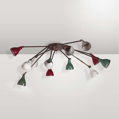 Stilnovo (attribuzione). Lampada da Sospensione con Bracci Orientabili in Ottone. Prod. Stilnovo,...