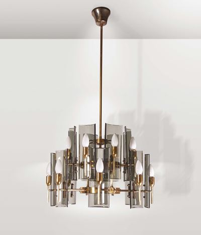 Cristal Art. Lampada da Sospensione in Ottone e Vetro Curvato e Molato. Prod. Cristal Art, Italia...