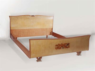 Paolo Buffa. Letto in Mogano di Cuba con Rivestimento in Pergamena e Rifiniture in Ottone. Prod. ...