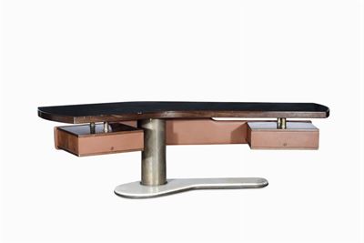Scrivania in Ottone, Legno e Marmo. Prod. Italia, 1960 Ca.