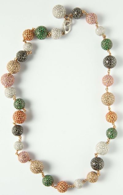 Crivelli, Collana con Boules a Pavé di Diamanti Bianchi, Diamanti Neri e Light Brown, Granati Ver...
