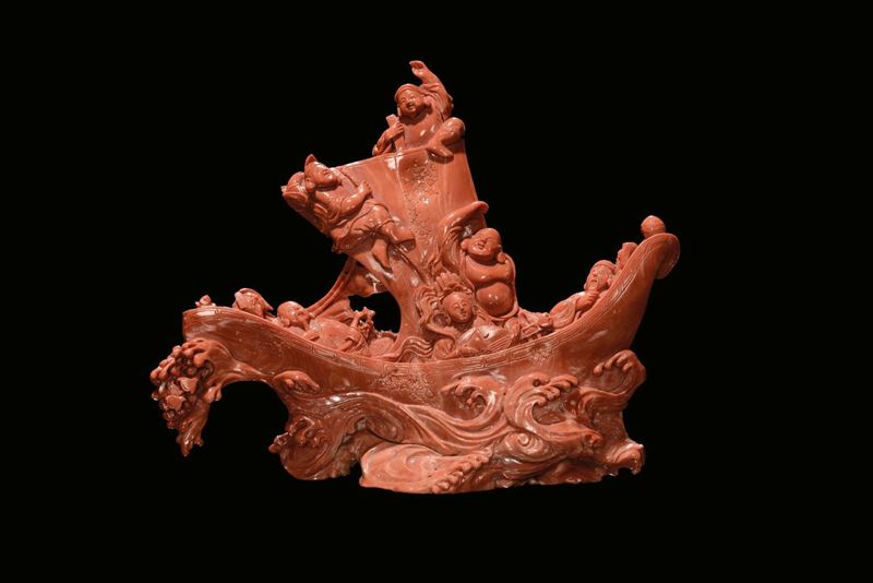 Gruppo in corallo rosso scolpito raffigurante barca con figure, Cina, Dinastia Qing, fine XIX secolo  - Asta Fine Chinese Works of Art - II - Cambi Casa d'Aste